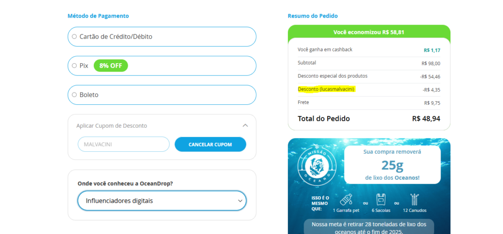 Tela de checkout da Ocean Drop mostrando métodos de pagamento, campo para aplicar o cupom MALVACINI e resumo do pedido com o desconto aplicado.