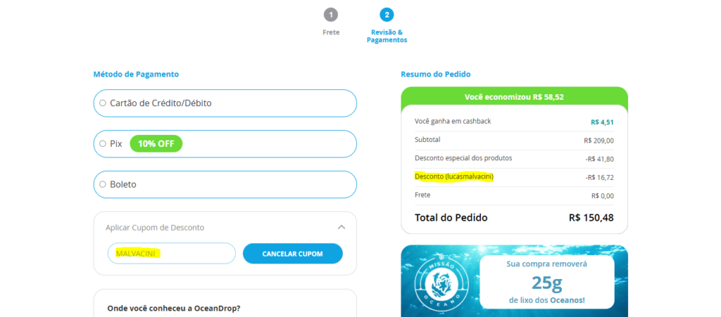 Tela de pagamento no site da Ocean Drop mostrando o campo de cupom de desconto preenchido com o código MALVACINI e o total atualizado da compra.