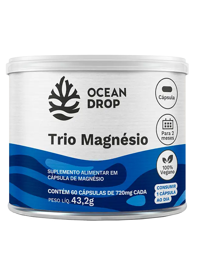 Pote do suplemento Magnesium Trio da Ocean Drop, com cápsulas de magnésio voltadas para relaxamento muscular e qualidade do sono.