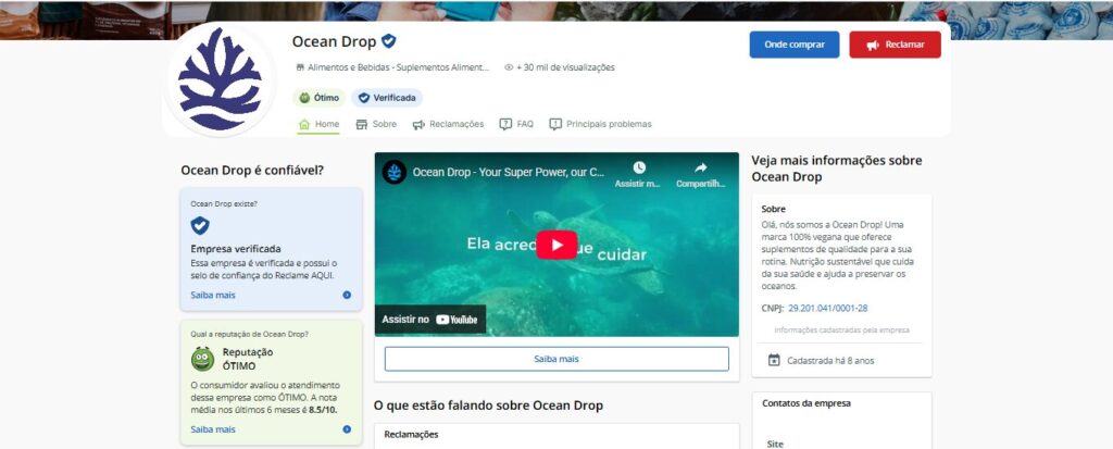 Página oficial da Ocean Drop no Reclame Aqui mostrando selo de empresa verificada, nota 8.5/10 e reputação “Ótimo”.