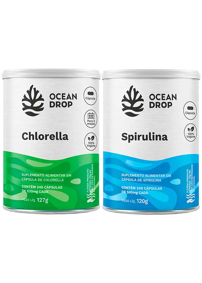 Potes de Spirulina e Chlorella da Ocean Drop lado a lado, usados como suplemento natural para energia e suporte nutricional.