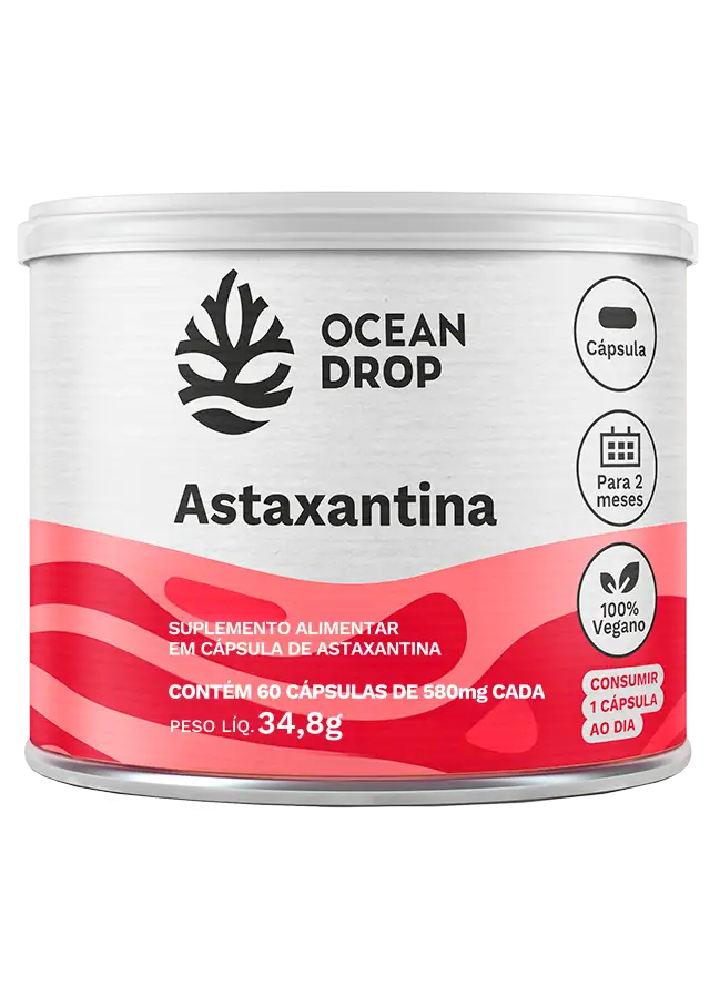 Pote de Astaxantina Ocean Drop, suplemento alimentar em cápsulas com rótulo vermelho e branco.