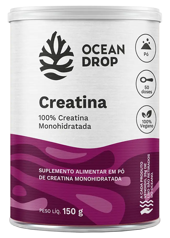 Pote de creatina Ocean Drop 100% monohidratada, suplemento alimentar em pó com rótulo roxo e branco.