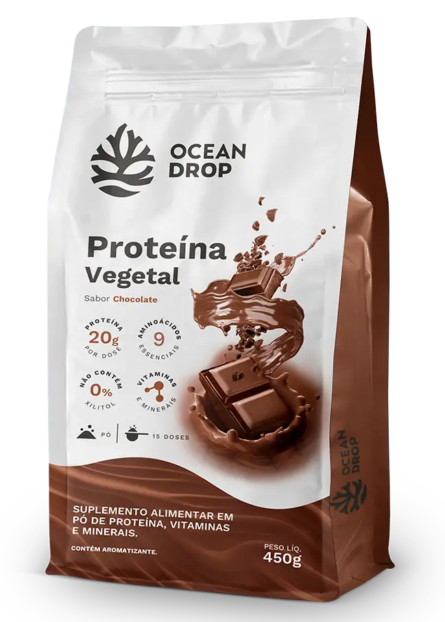 Embalagem da proteína vegetal Ocean Drop sabor chocolate, suplemento alimentar em pó com 20g de proteína por dose.