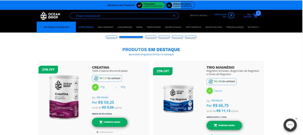 Página de produtos em destaque no site oficial da Ocean Drop, mostrando creatina e trio magnésio com desconto de 25%.