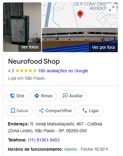 Perfil da Neurofood Shop no Google Reviews com nota 4,9 de 5 e mais de 160 avaliações
