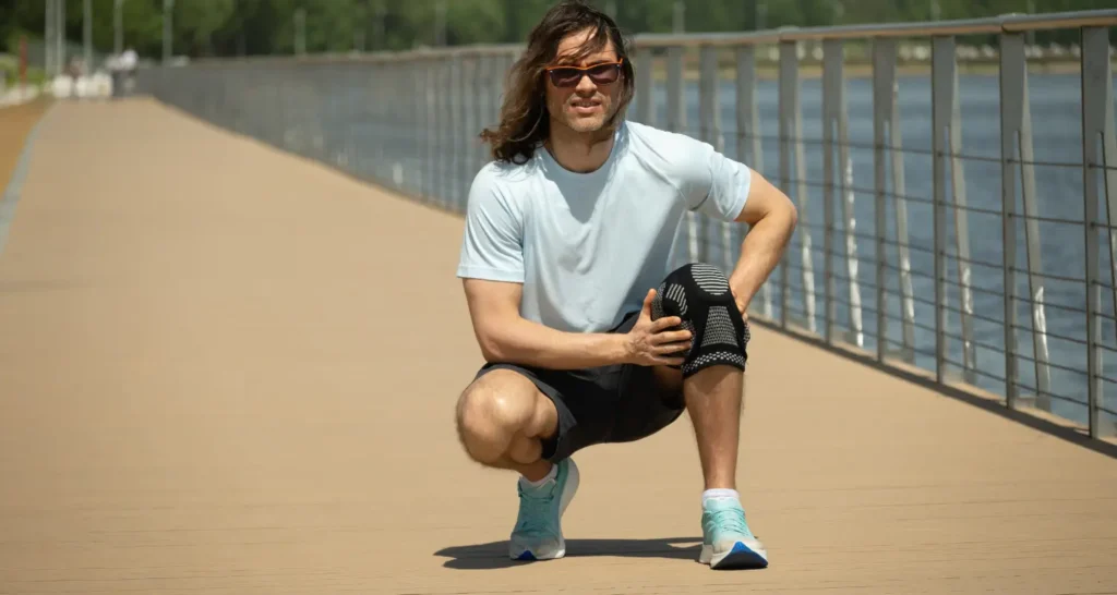 Pessoa usando joelheira durante agachamento leve, ilustrando o uso de suporte no joelho em atividades físicas.