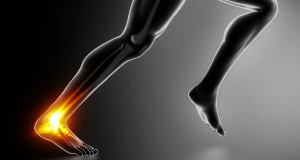 Ilustração do tornozelo em movimento destacando a articulação, representando a necessidade de diferentes tipos de tornozeleira para corrida