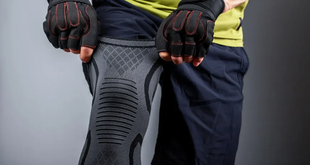 Pessoa ajustando joelheira antes do treino, ilustrando o uso de suporte no joelho em atividades físicas.