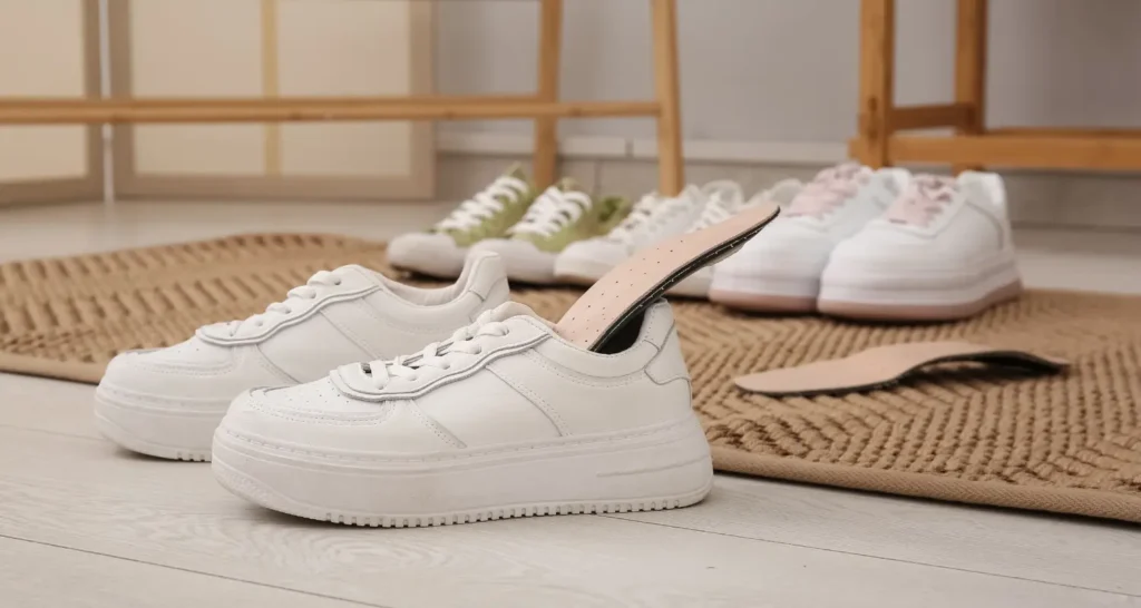 Palmilha sendo usada dentro de tênis casual para melhorar conforto e absorção de impacto no uso diário