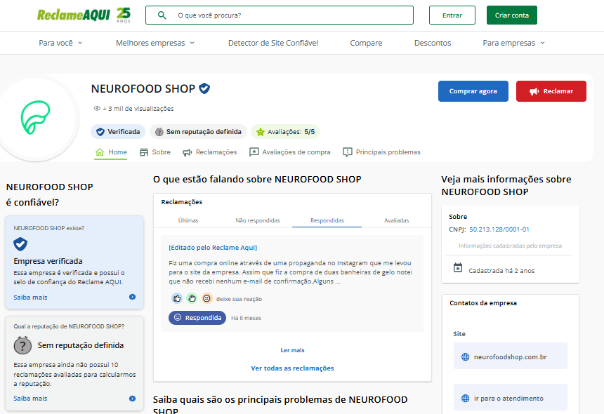 Página da Neurofood Shop no Reclame Aqui mostrando empresa verificada e baixo volume de reclamações