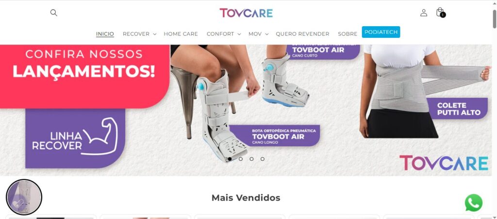 Página inicial do site da Tovcare exibindo produtos da linha Recover, como botas ortopédicas pneumáticas e coletes de suporte.