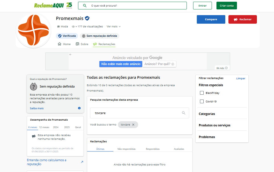 Página da Promexmais no Reclame Aqui exibindo busca por “tovcare” sem resultados de reclamações.