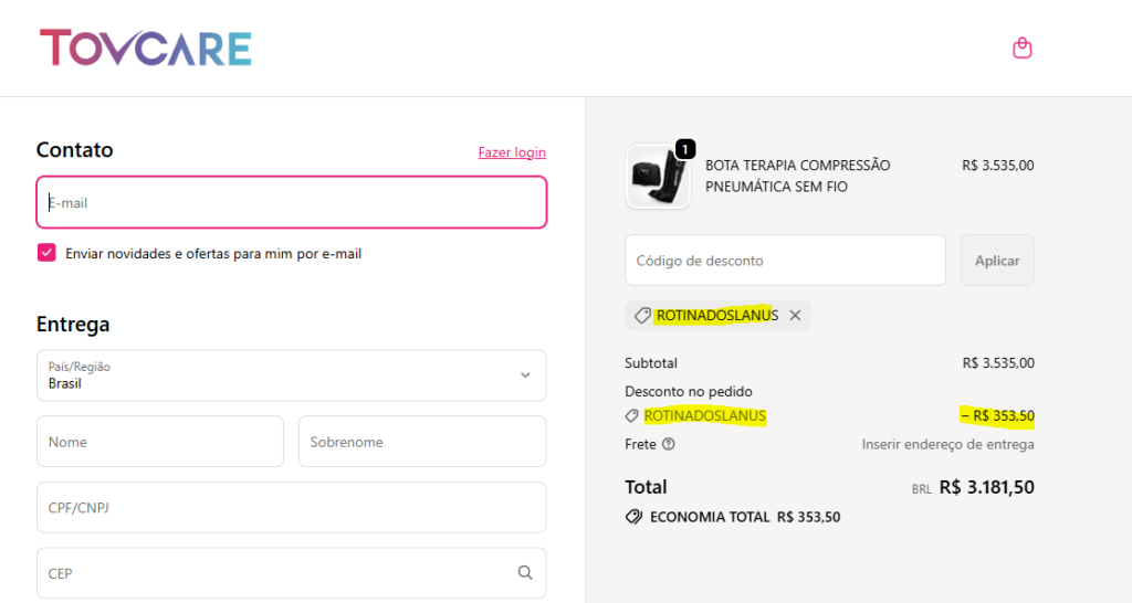 Tela de checkout da Tovcare mostrando o cupom ROTINADOSLANUS aplicado com desconto de 10% no valor total do pedido.