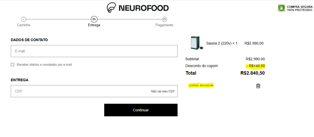 Tela de checkout da Neurofood mostrando aplicação do cupom MALVACINI com desconto no valor final