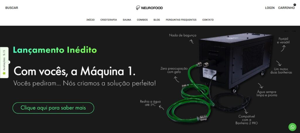 Imagem do site da Neurofood mostrando máquina de resfriamento para banheira de gelo com controle de temperatura